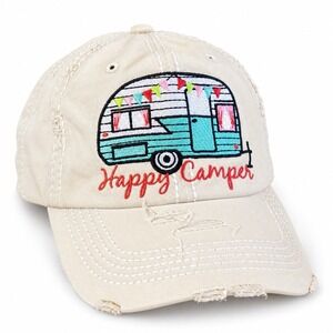 Kbethos Vintage Happy Camper Distressed Baseball Cap Cream Teal Embroidered Hat